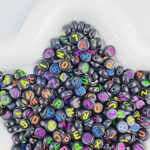 4x7mm acrylic English letter beads, black background with colorful letters for DIY jewelry making.