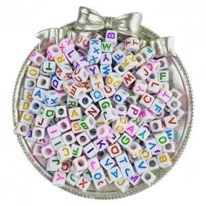 6x6mm acrylic letter beads, white square beads with colorful letters for DIY jewelry making.