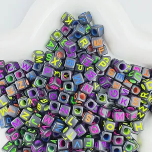 Acrylic square letter beads, black base with colorful alphabet prints for DIY crafts.