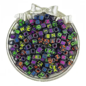 Square black acrylic alphabet beads detail, 6x6mm letter beads for DIY jewelry making supplies.