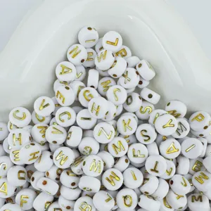 4x7mm white acrylic letter beads with gold letters, loose beads for DIY friendship bracelets.