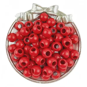 Detailed close-up of glossy red acrylic large-hole beads displayed in a decorative silver tray.