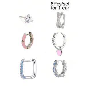 Set di 6 orecchini alla moda con zirconi brillanti e smalto rosa per donna dettagli