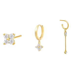 Detailed closeup view of the elegant gold-plated cubic zirconia four leaf clover earring set trio.