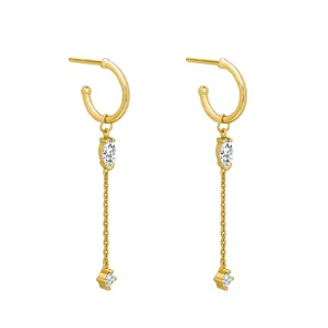 Gold-plated dangle hoop earrings featuring sparkling marquise and round zircon stones for women.