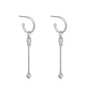 Silver tone cubic zirconia marquise dangle chain hoop earrings jewelry detail view