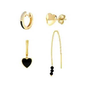 Modieuze goudkleurige hart kwast oorbellen set voor dames, chique zwarte trendy sieraden.