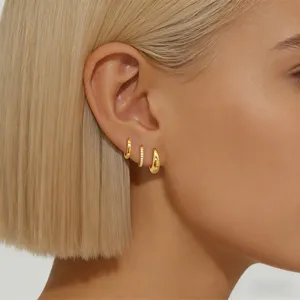 Luxury Gold Plated Copper Huggie Hoop Earrings Set For Women Minimalist Rhinestone Pave Geometric Earrings Jewelry Accessory