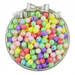 Colorful 8mm acrylic faceted beads in silver bow tray, perfect for DIY jewelry crafting.