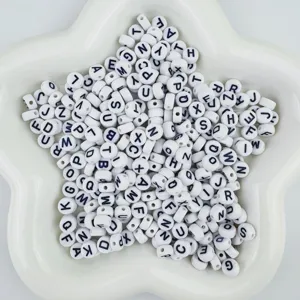 4x7mm acrylic letter beads in white star dish, perfect for DIY friendship bracelets and jewelry.
