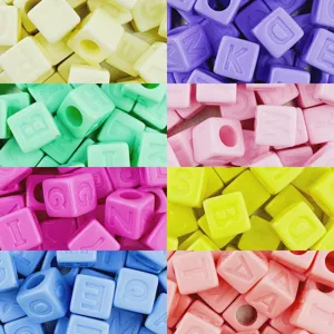 Colorful 12mm acrylic alphabet cube beads for DIY handmade bracelets and jewelry making.