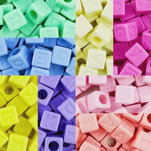 Acrylic square alphabet beads detail view, colorful cubic letter beads for DIY jewelry making.