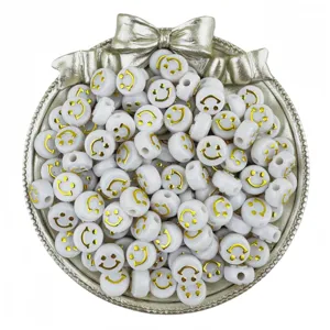 Acrylic smiley face beads detail, gold and white craft beads for DIY jewelry making accessories