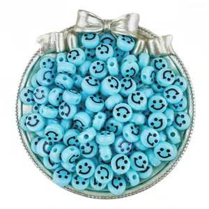 Blue acrylic smile face beads detail shot, perfect for DIY jewelry making and handmade bracelets.