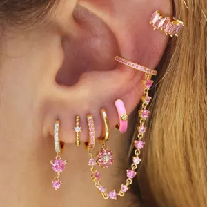 Moda Pendientes de Aro de Cobre Chapado en Oro Rosa Strass Set para Mujer Geométricos Pavé Cristal Pendientes de Botón Manguito Cadena Joyería