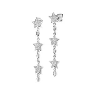 Boucles d'oreilles longues argentées en forme d'étoile avec des zircons brillants pour femmes.