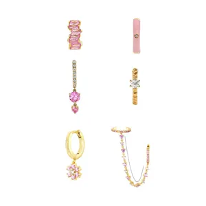 Conjunto de pendientes de circonita rosa de moda para mujer, aretes y aros dorados elegantes.