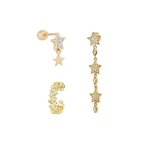 Ensemble de boucles d'oreilles étoiles en zircon doré, clous et manchette d'oreille élégants.