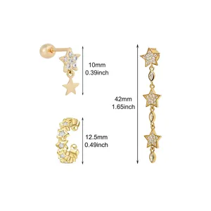 Superbe ensemble de boucles d'oreilles étoiles en zircon doré, manchette et pendantes.