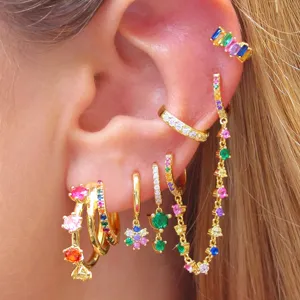 Set σκουλαρίκια πολλαπλών piercing με χρωματιστό ζιργκόν επίχρυσα γυναικεία