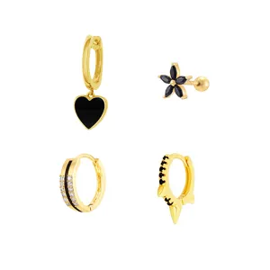 Ensemble de boucles d'oreilles créoles cœur fleur zircon noir plaqué or 4 pièces mode
