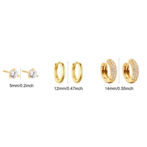 Vergulde zirkonia oorknopjes en creolen set, elegante driedelige modieuze sieradenset.