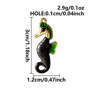 Stainless steel seahorse pendant detail view, colorful oil drop design for DIY jewelry making.