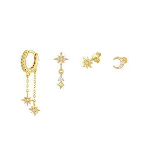 Gold celestial earrings set featuring hoop, star drops and crescent moon studs for women.