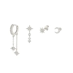 Silver celestial earring set featuring star and moon charms with sparkling cubic zirconia stones.