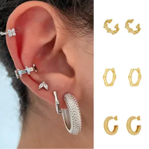 Minimalistische Kupfer C-Form Reifen Ohrringe Ohne Ohrenschmerzen Ohrclips Set Geometrische Netzstruktur Bambusknoten Ear Cuffs Für Damen Schmuck
