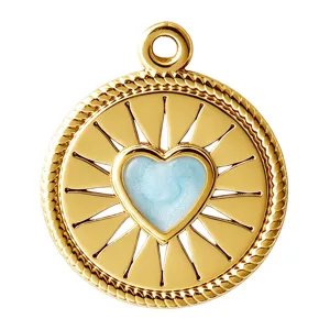 Ciondolo cuore in acciaio inossidabile dorato con smalto blu e intaglio sole stile boho.