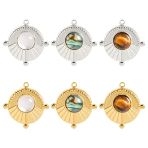 304 Edelstahl Rund Naturstein Anhänger Galvanisiert Gold Symmetrisch Sonnenscheibe Charm Für DIY Schmuckherstellung Halskette Zubehör