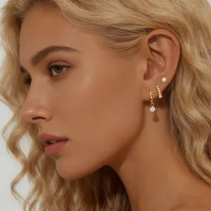 Pendientes de Botón de Lujo con Diamantes de Imitación de Cobre Chapado en Oro Juego de Pendientes de Aro Joyas de Moda para Mujer Fiesta