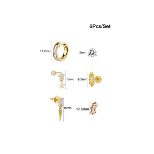 Gold-plated cubic zirconia earring set 6pcs geometric stud and hoop earrings for women