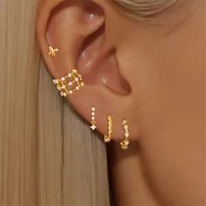 Luxury Gold Plated Copper Geometric Pave Rhinestone Earrings Set For Women Fashion Butterfly Hoop Ear Cuff Jewelry Set