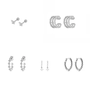 Detailed view of the 5-pair silver zircon earring set featuring unique cuffs and hoop designs.