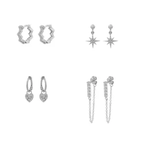 4er Set modische silberfarbene Kristall Stern Herz Creolen und Ketten Ohrringe Damen.
