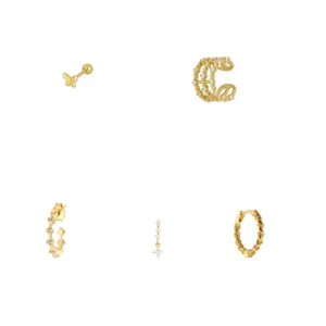 Gold-plated cubic zirconia earrings set, dainty butterfly stud and twisted hoop fashion jewelry.