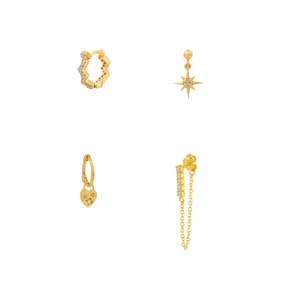 Vergoldete Kupfer Zirkonia Ohrringe 4er-Set mit Stern und Herz Anhänger elegant.