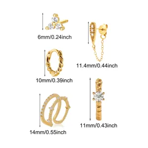 Gold Zircon Flower Earring Set Multi-style Dainty Studs Cuffs Fashion Jewelry Gift