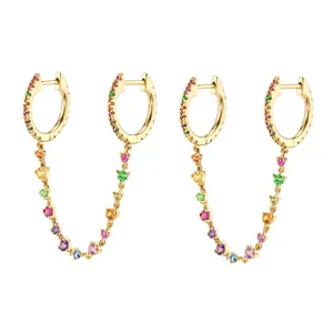 Verschmolzene goldene Zirkon Ohrringe Set bunte Steine Doppel Kette Mode Schmuck Stil