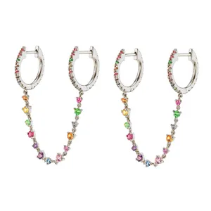 Modische bunte Zirkonia Doppelcreolen mit Kette für Damen, trendiger Ohrschmuck zum Stapeln.