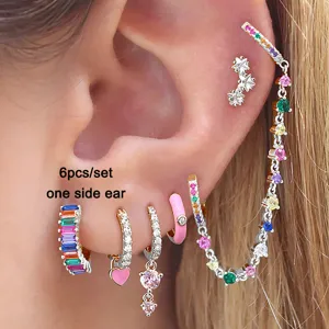 Luxus Vergoldete Kupfer Mehrfarbige Strass Creolen Für Damen Mode Schmuck Emaille Herz Stern Kette Ohrringe