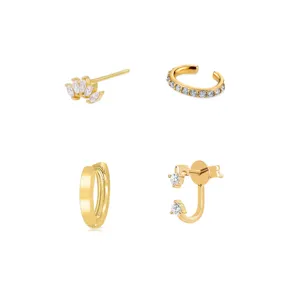 Gold Zircon Earring Set Minimalist Fashion Studs and Cuffs for Women Jewelry Gift