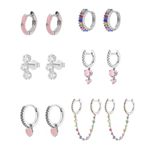 6-teiliges Set bunte Zirkonia Creolen Ohrringe stapelbare baumelnde Ohrringe Schmuck