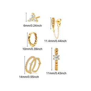 Gold-plated zirkonia earrings set featuring diverse geometric and floral designs for daily wear.