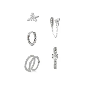 Silver-plated zircon earring set featuring stylish geometric hoops and delicate stud designs.