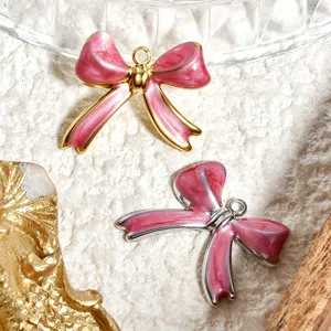 Cute stainless steel pink bow pendant charm for DIY necklace and bracelet jewelry accessories