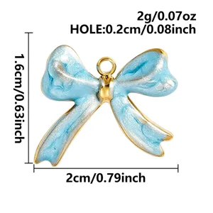 Blue enamel bow pendant detail showing size specifications and stainless steel charm design.