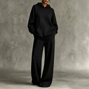 Minimalistisches schwarzes Oversize-Hoodie- und Weithose-Set für Damen, zweiteilig